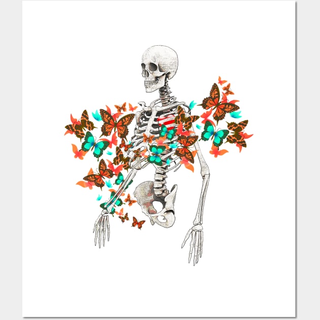 Human skeleton and colorful vibrant butterfles, memento mori, watercolor art, cool, anatomy art Wall Art by Collagedream